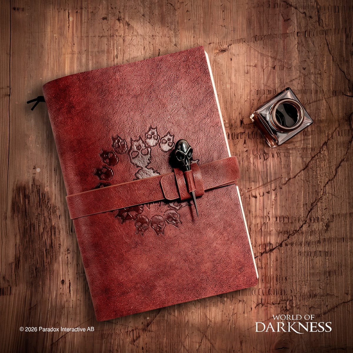 brown leather-bound journal with a strap closure and decorative skull engravement - Book Of Nod Journal World of Darkness Vampire: the Masquerade
