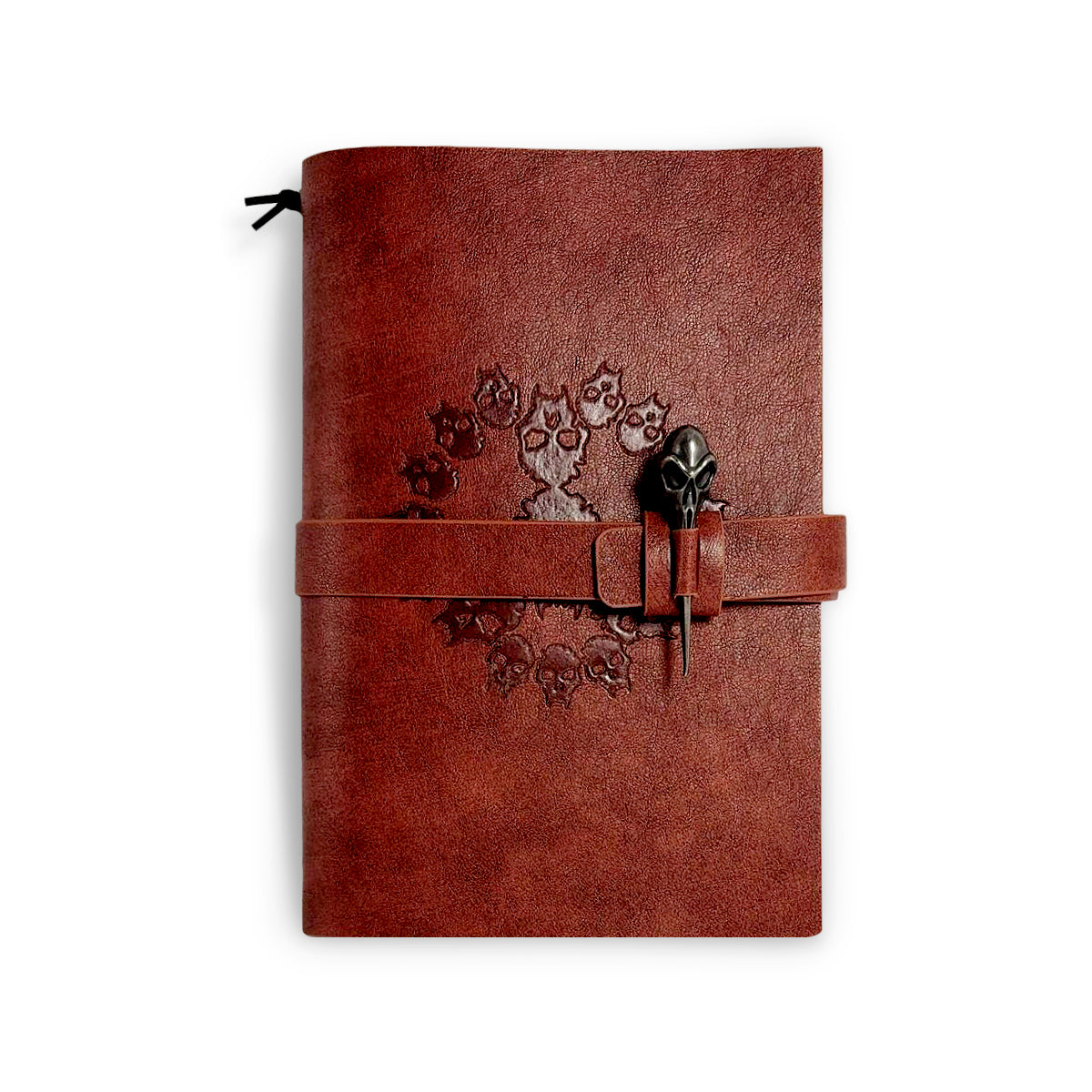 brown leather-bound journal with a strap closure and decorative skull engravement - Book Of Nod Journal World of Darkness Vampire: the Masquerade