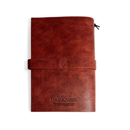 brown leather-bound journal with a strap closure and decorative skull engravement - Book Of Nod Journal World of Darkness Vampire: the Masquerade