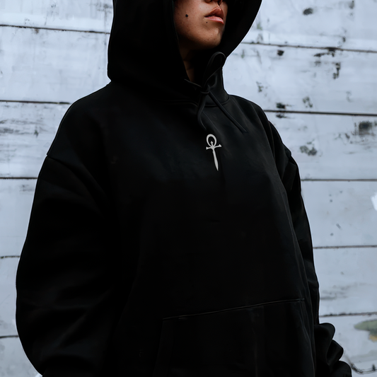 Black Vampire: The Masquerade hoodie with Ankh symbol, gothic gaming streetwear