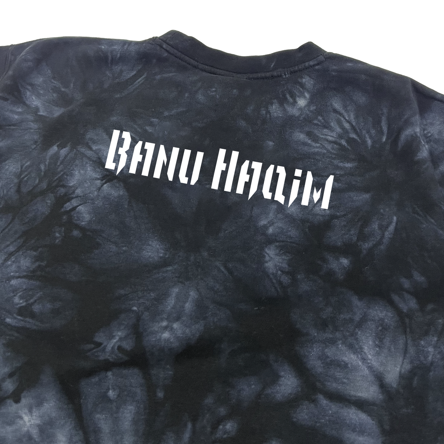 Vampire: The Masquerade World of Darkness tie-dye sweatshirt featuring an embroidered clan sigil on the chest and clan name on the back
