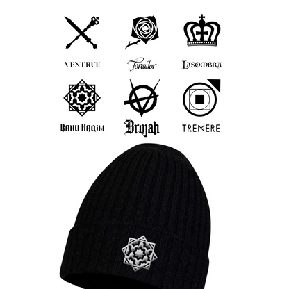 Vampire: The Masquerade clan beanie, embroidered gothic gaming apparel