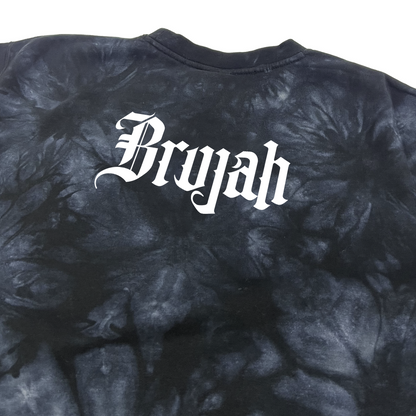 Vampire: The Masquerade World of Darkness tie-dye sweatshirt featuring an embroidered clan sigil on the chest and clan name on the back