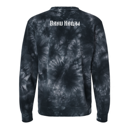 Vampire: The Masquerade World of Darkness tie-dye sweatshirt featuring an embroidered clan sigil on the chest and clan name on the back