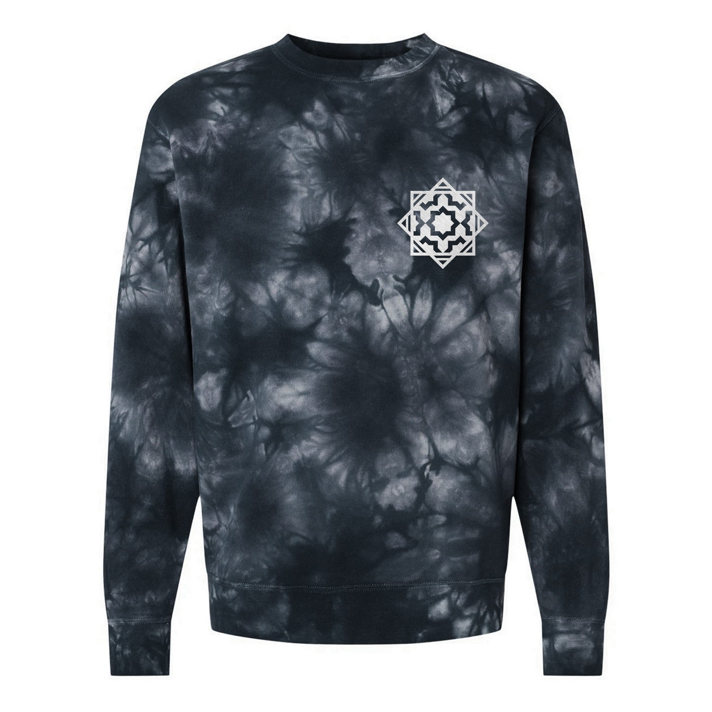 Vampire: The Masquerade World of Darkness tie-dye sweatshirt featuring an embroidered clan sigil on the chest and clan name on the back