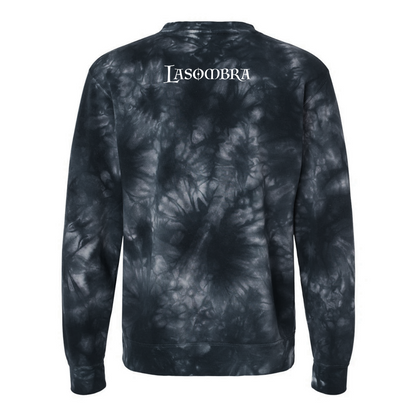 Vampire: The Masquerade World of Darkness tie-dye sweatshirt featuring an embroidered clan sigil on the chest and clan name on the back