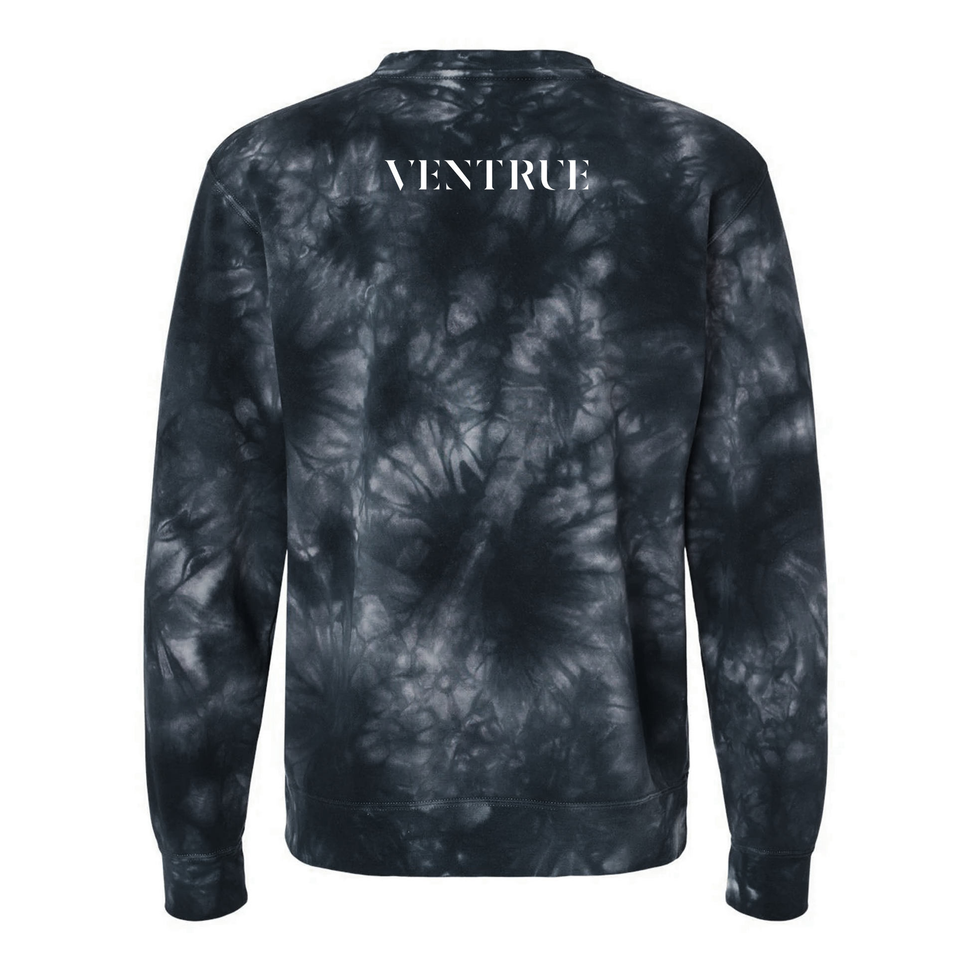 Vampire: The Masquerade World of Darkness tie-dye sweatshirt featuring an embroidered clan sigil on the chest and clan name on the back