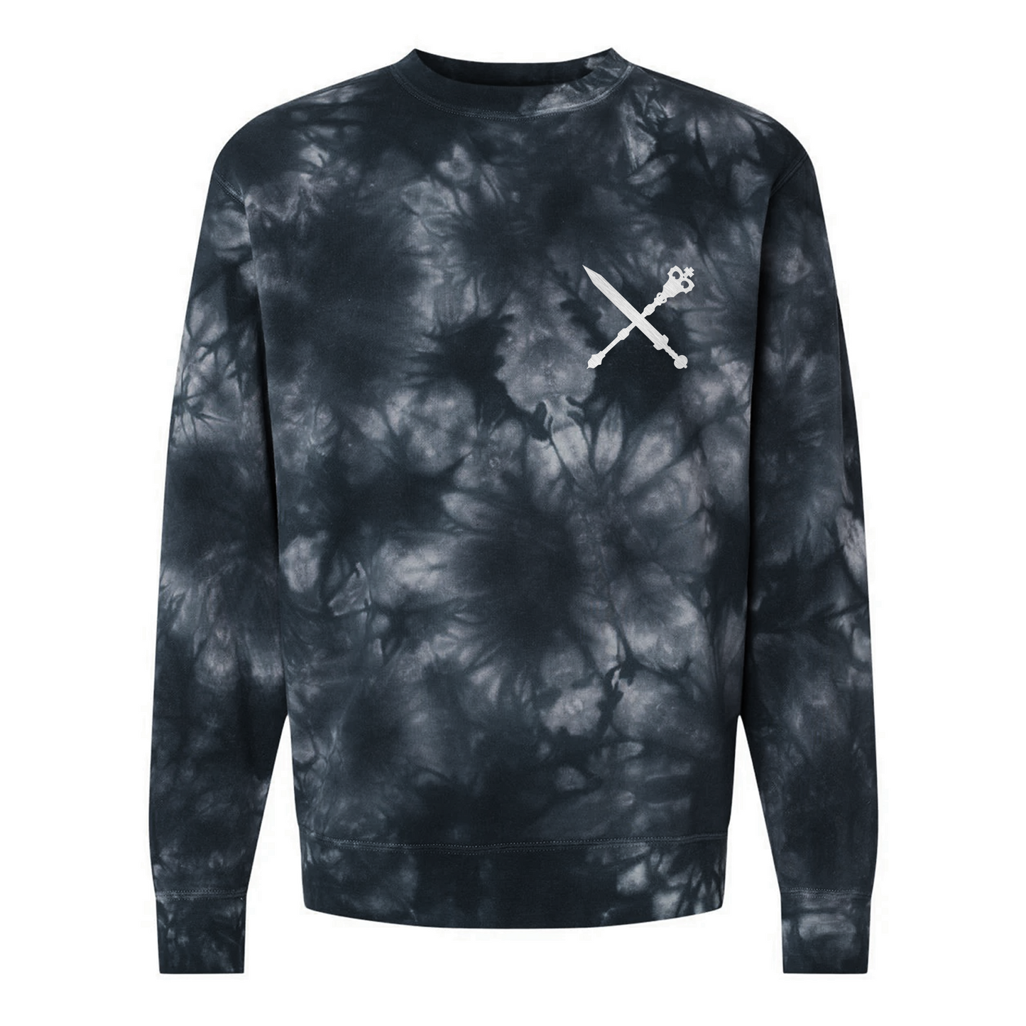 Vampire: The Masquerade World of Darkness tie-dye sweatshirt featuring an embroidered clan sigil on the chest and clan name on the back