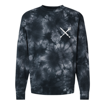 Vampire: The Masquerade World of Darkness tie-dye sweatshirt featuring an embroidered clan sigil on the chest and clan name on the back