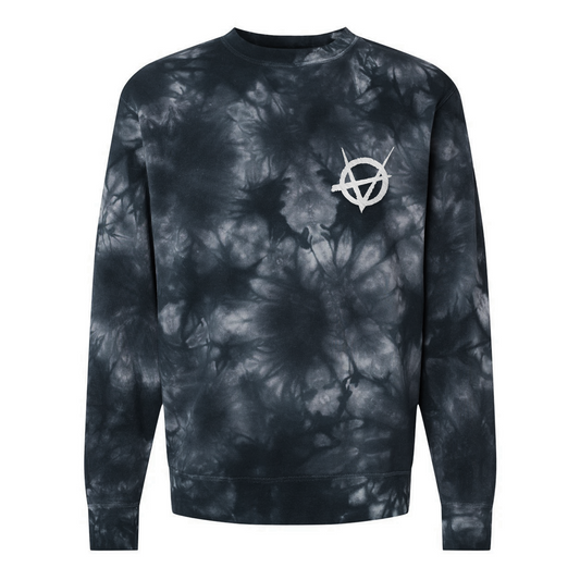 Vampire: The Masquerade World of Darkness tie-dye sweatshirt featuring an embroidered clan sigil on the chest and clan name on the back