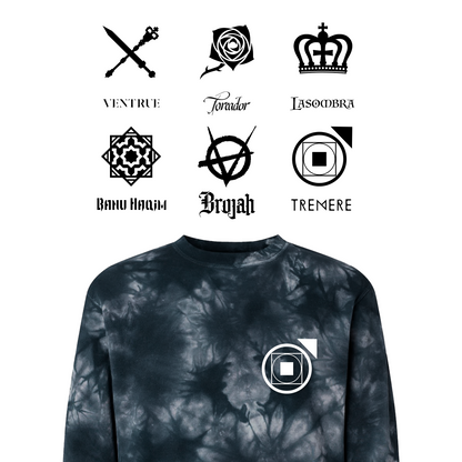 Vampire: The Masquerade World of Darkness tie-dye sweatshirt featuring an embroidered clan sigil on the chest and clan name on the back