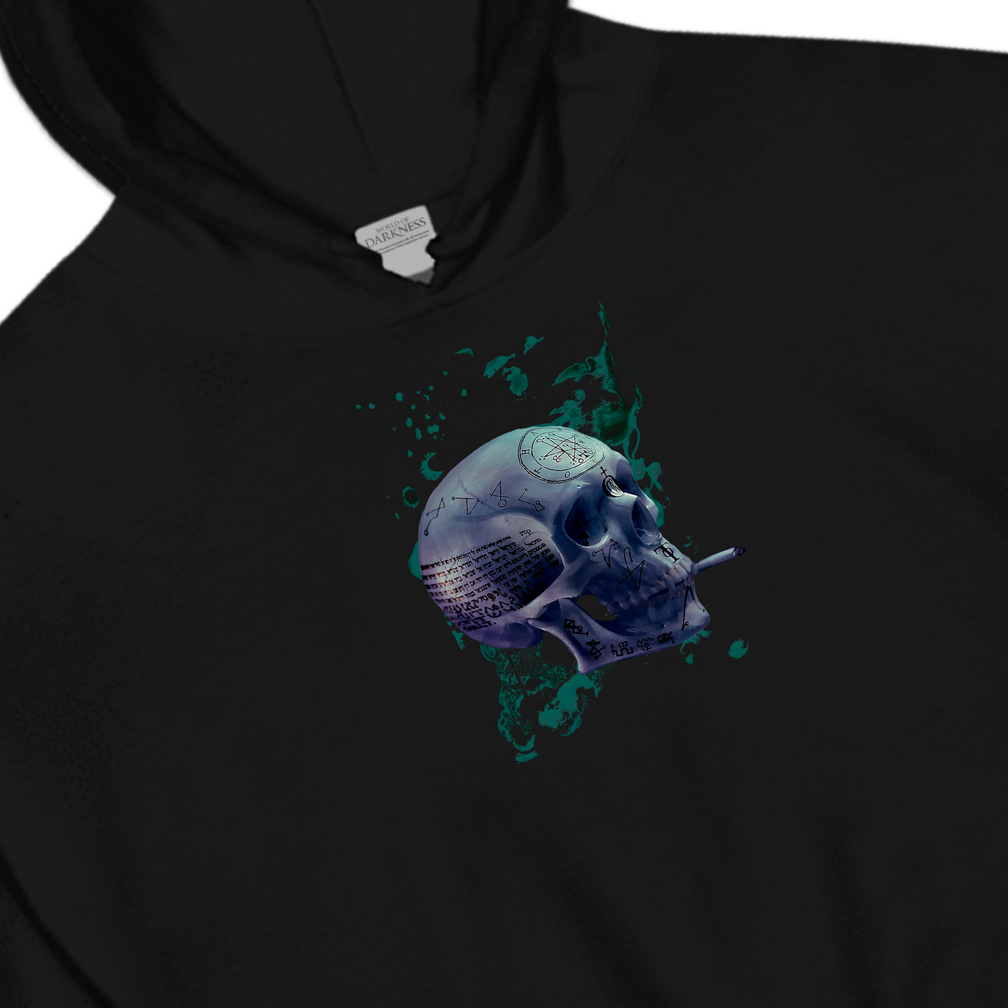 Vampire: The Masquerade black hoodie with glowing skull graphic and “Vampire: The Masquerade” sleeve white print.