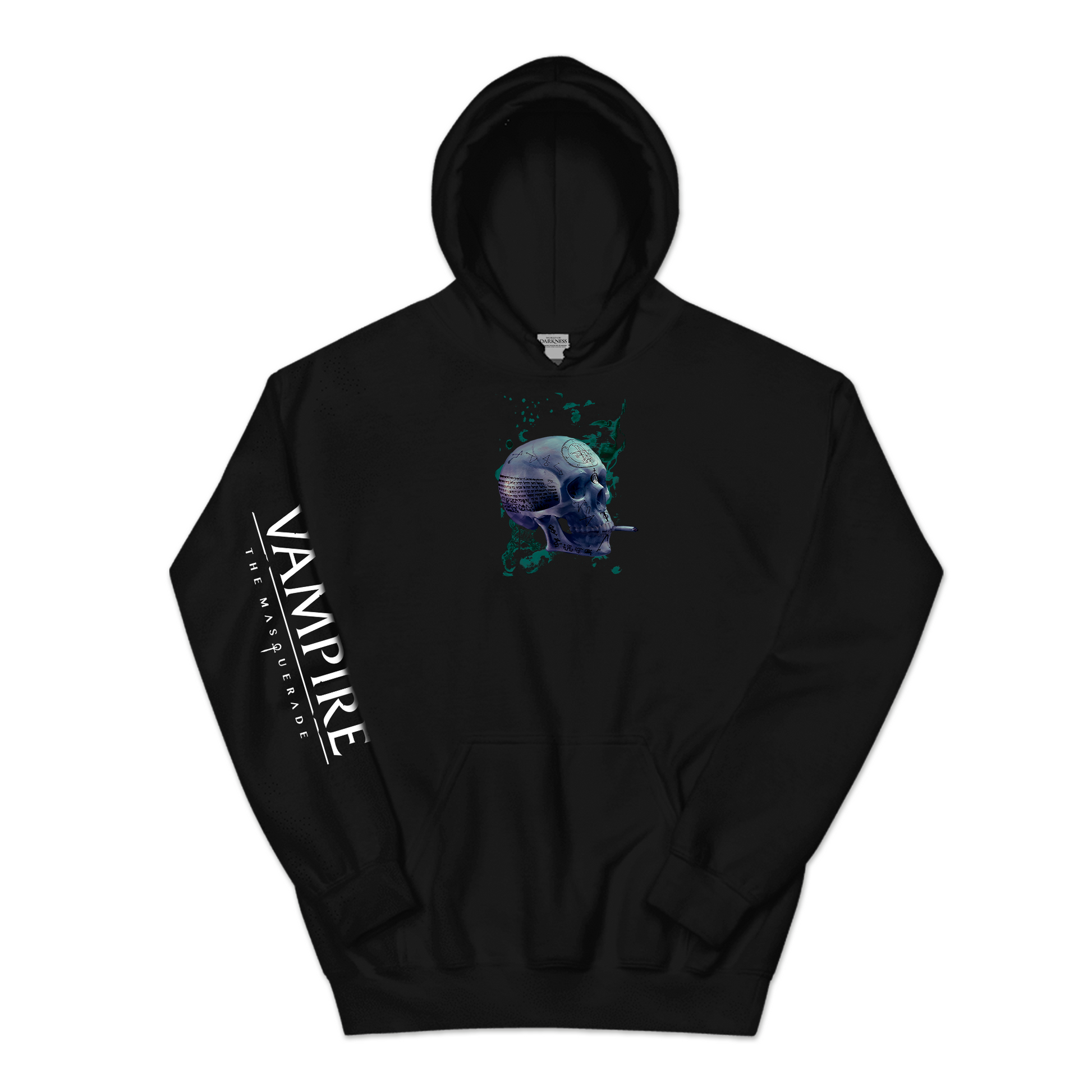 Vampire: The Masquerade black hoodie with glowing skull graphic and “Vampire: The Masquerade” sleeve white print.
