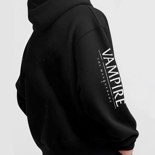 Vampire: The Masquerade black hoodie with glowing skull graphic and “Vampire: The Masquerade” sleeve white print.