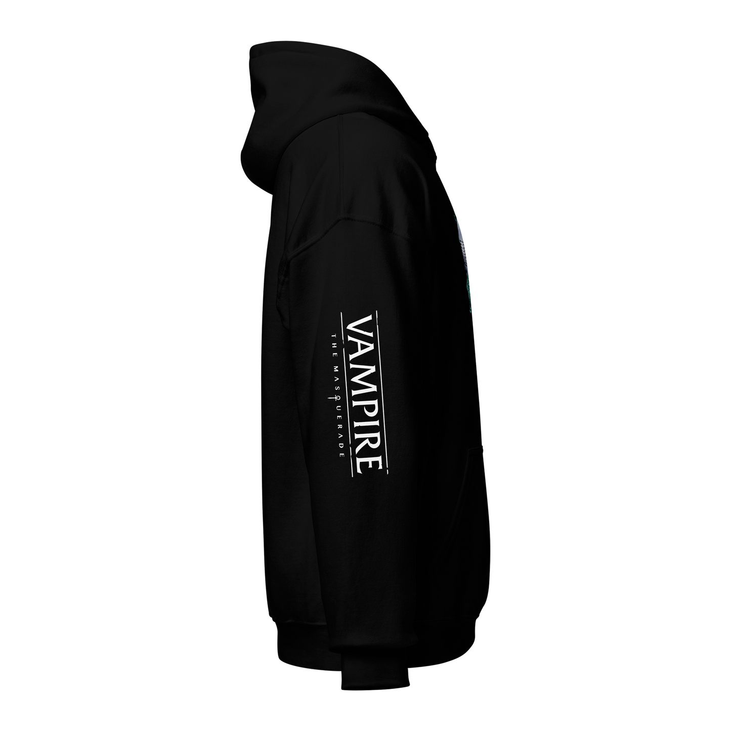 Vampire: The Masquerade black hoodie with glowing skull graphic and “Vampire: The Masquerade” sleeve white print.