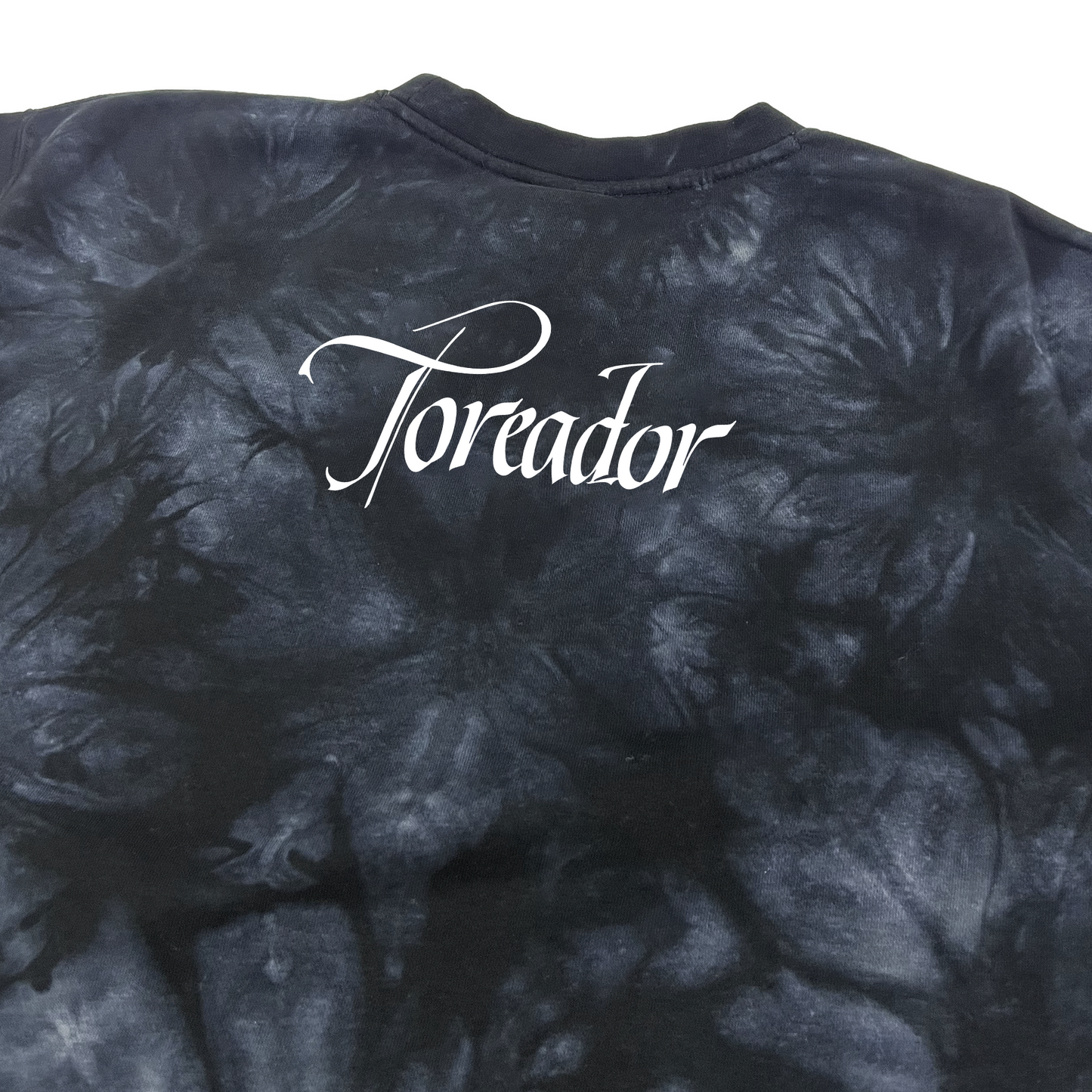 Vampire: The Masquerade World of Darkness tie-dye sweatshirt featuring an embroidered clan sigil on the chest and clan name on the back