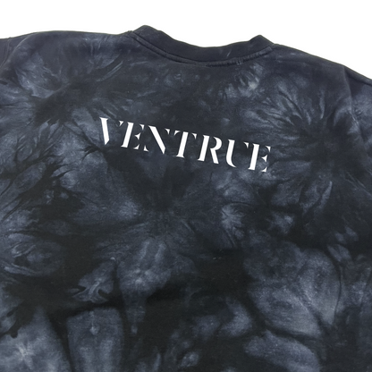 Vampire: The Masquerade World of Darkness tie-dye sweatshirt featuring an embroidered clan sigil on the chest and clan name on the back